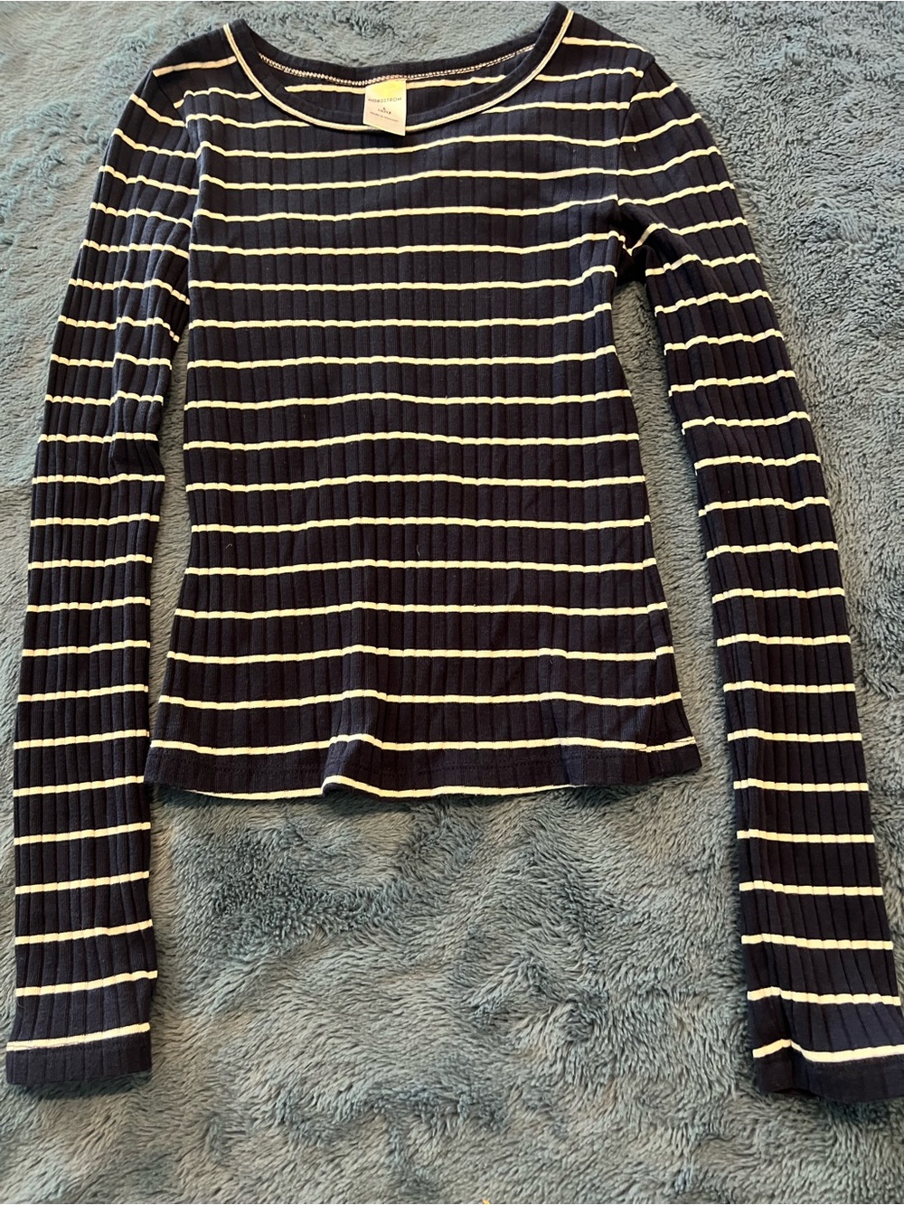 Nordstrom Navy Ribbed Long-Sleeve Top with Cream Stripes